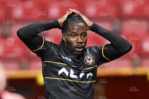 220926 - Swindon Town v Newport County - EFL Trophy -  Yahya Bamba of Newport County reacts after hitting the post