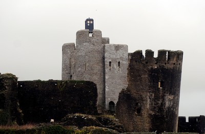 091209 - Doctor Who Filming - The Tardis sits on the tower at Caerphilly Castle, South Wales