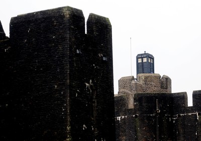 091209 - Doctor Who Filming - The Tardis sits on the tower at Caerphilly Castle, South Wales