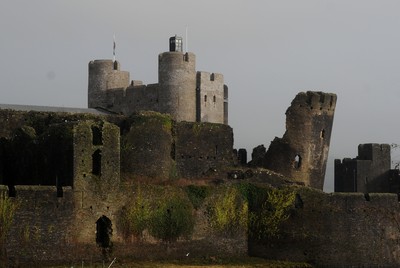 091209 - Doctor Who Filming - The Tardis sits on the tower at Caerphilly Castle, South Wales