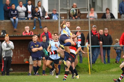 081016 Tata Steel RFC v Pontypool RFC - SWALEC Championship -Steff Stone of Tata Steel is tackled in the air by John Hurley of Pontypool