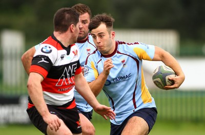 081016 Tata Steel RFC v Pontypool RFC - SWALEC Championship -Lewis Evans of Tata Steel takes on John Hurley of Pontypool