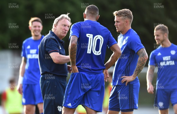 170717 - Tavistock v Cardiff City - Neil Warnock talks to Kenneth Johore and Danny Ward of Cardiff City