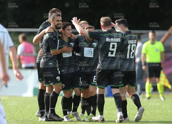 290721 - The New Saints FC v KF Kauno Zalgiris, Europa Conference League 2nd qualifying round, 2nd leg - Danny Redmond of The New Saints celebrates with team mates after scoring the opening goal