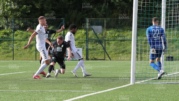 290721 - The New Saints FC v KF Kauno Zalgiris, Europa Conference League 2nd qualifying round, 2nd leg - Declan McManus of The New Saints heads to score the third goal