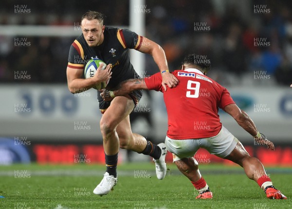 160617 - Tonga v Wales - American Express Pasifika Challenge - Cory Allen of Wales takes on Sonatane Takulua of Tonga