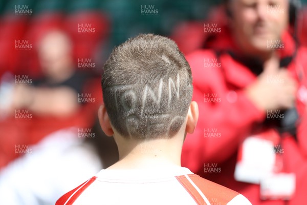 300422 - Tonna v Crumlin - WRU National Shield Final -  Tonna mascot with his head shaved for the day