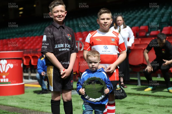 300422 - Tonna v Crumlin - WRU National Shield Final -  Mascots from both teams with the trophy
