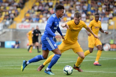 200718 - Torquay v Cardiff City - Preseason Friendly - Josh Murphy of Cardiff City takes on Kyle Cameron of Torquay