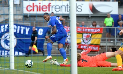 200718 - Torquay v Cardiff City - Preseason Friendly - Kenneth Zohore of Cardiff City tries a shot at goal