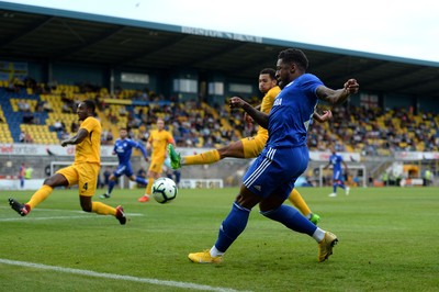 200718 - Torquay v Cardiff City - Preseason Friendly - Kadeem Harris of Cardiff City gets the ball across