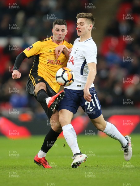 070218 - Tottenham Hotspur v Newport County, FA Cup Round 4 Replay - Padraig Amond of Newport County and Juan Foyth of Tottenham Hotspur compete for the ball
