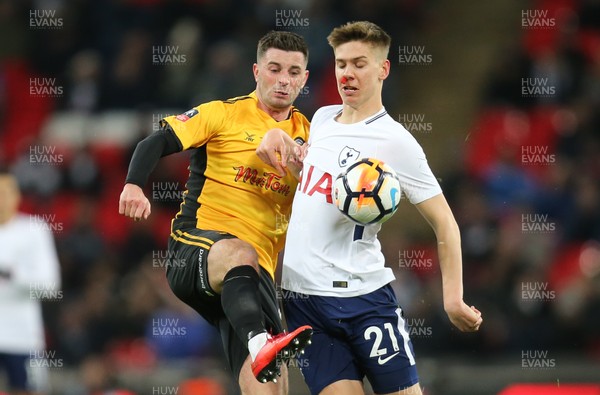 070218 - Tottenham Hotspur v Newport County, FA Cup Round 4 Replay - Padraig Amond of Newport County and Juan Foyth of Tottenham Hotspur compete for the ball