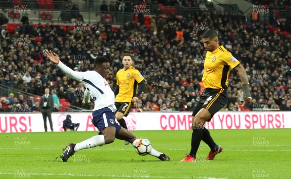 070218 - Tottenham Hotspur v Newport County, FA Cup Round 4 Replay - Joss Labadie of Newport County sees his shot blocked by Victor Wanyama of Tottenham Hotspur