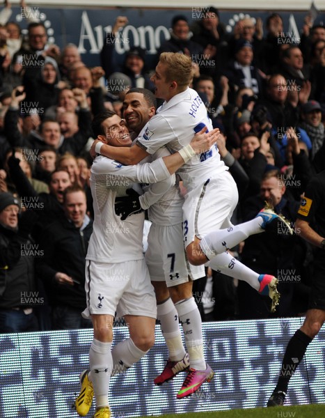 090213 Tottenham Hotspur v Newcastle United - Barclays Premier League - Gareth Bale celebrates his goal for Spurs with team mates Aaron Lennon and Lewis Holtby 