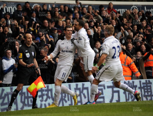 090213 Tottenham Hotspur v Newcastle United - Barclays Premier League - Gareth Bale celebrates his goal for Spurs with team mates Aaron Lennon and Lewis Holtby 