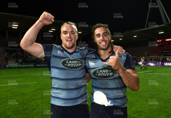 201017 - Toulouse v Cardiff Blues - European Rugby Challenge Cup - Kristian Dacey and Josh Navidi of Cardiff Blues celebrates win