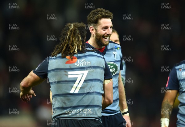 201017 - Toulouse v Cardiff Blues - European Rugby Challenge Cup - Josh Navidi and Alex Cuthbert of Cardiff Blues celebrate at the end of the game