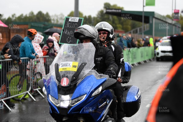 070925 - Picture shows the lead motorcycle greeting fans with “Hello Newport” sign from the Geraint Thomas National Velodrome of Wales as Geraint Thomas embarks on his last ever  race in Wales and takes on the last leg of the Tour of Britain from Newport to Cardiff to end his career