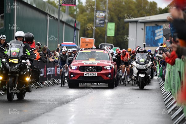 070925 - Picture shows the lead car setting off from the Geraint Thomas National Velodrome of Wales as Geraint Thomas embarks on his last ever race in Wales and takes on the last leg of the Tour of Britain from Newport to Cardiff to end his career