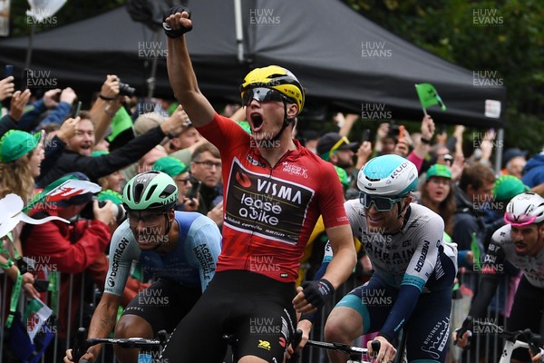 070925 - Picture shows Olav Kooij as he crosses the finish line to win the final stage of the Tour of Britain from Newport to Cardiff