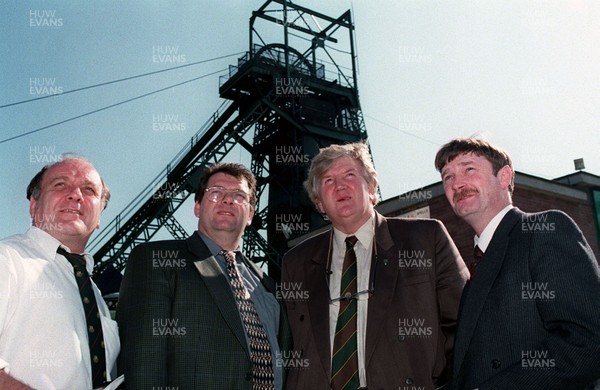 280597 - Tower Colliery -  (L-R) Glyn Roberts of Tower Colliery, Sam Dickson NUM General Secretary Scotland, Tyrone O'Sullivan of Tower Colliery and John Doran Monkton Hall NUM delegate at Tower pit  