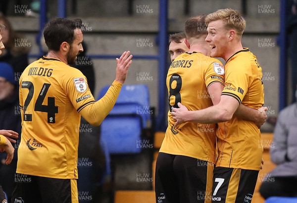 091223 - Tranmere Rovers v Newport County - Sky Bet League 2 - Will Evans of Newport County celebrates his goal in the 1st half with Aaron Wildig of Newport County
