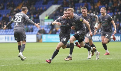 180323 - Tranmere Rovers v Newport County - Sky Bet League 2 - Charlie McNeill of Newport County cele on 2nd team goal in 1st half with Will Evans of Newport County