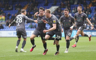 180323 - Tranmere Rovers v Newport County - Sky Bet League 2 - Charlie McNeill of Newport County cele on 2nd team goal in 1st half with Will Evans of Newport County