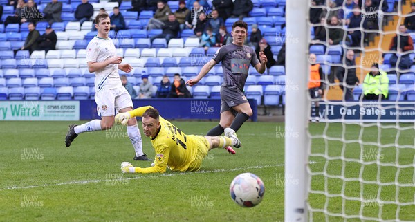 180323 - Tranmere Rovers v Newport County - Sky Bet League 2 - Calum Kavanagh of Newport County puts the 3rd goal past Goalkeeper Joe Murphy of Tranmere Rovers