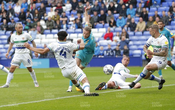 210821 - Tranmere Rovers v Newport County - Sky Bet League 2 - Alex Fisher of Newport County drives the ball into the net to score the 1st goal of the match