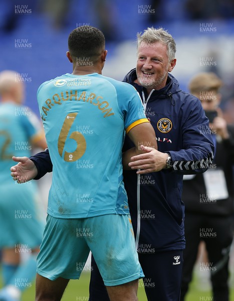 210821 - Tranmere Rovers v Newport County - Sky Bet League 2 - Caretaker manager Wayne Hatswell celebrates with Priestley Farquharson of Newport County at the end of the match