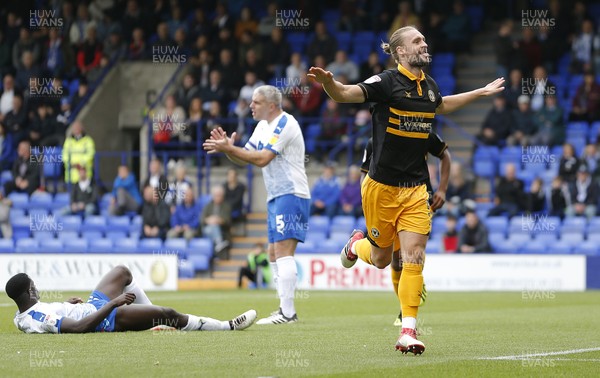 220918 - Tranmere Rovers v Newport County - Sky Bet League 2 - Frazier Frands of Newport County scores the 1st goal of the match in the 1st 5 mins and pokes his tongue at Tranmere fans
