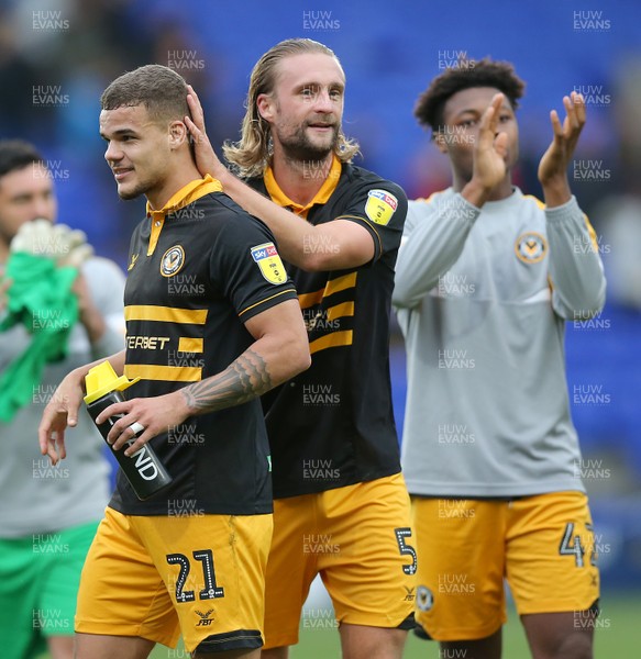 220918 - Tranmere Rovers v Newport County - Sky Bet League 2 - Frazier Franks of Newport County salutes the fans at the end of the match with Antoine Semenyo of Newport County and Tyler Hornby-Forbes of Newport County