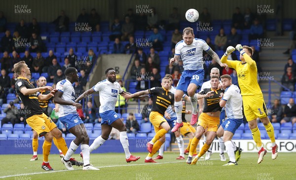 220918 - Tranmere Rovers v Newport County - Sky Bet League 2 - Mark O'Brien of Newport County tries a shot on goal but is saved by Goalkeeper Scott Davies of Tranmere Rovers