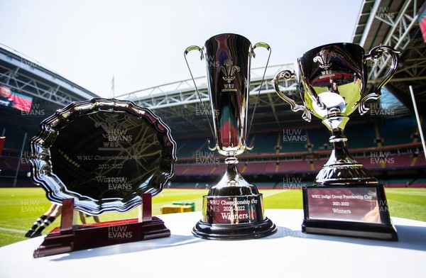 240422 - WRU Championship Plate Final � Trebanos v Bedwas - WRU Championship Plate, Cup and Premiership Cup trophies