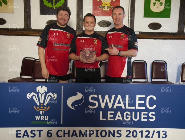 260413 - Trefile RFC - League Presentation - SWALEC League East 6 - Trefil RFC celebrate winning the Swalec League 6 East Pictured are LtR: Coach Robin Davies, Captain Gareth Thomas and Coach Darren Foxhall 