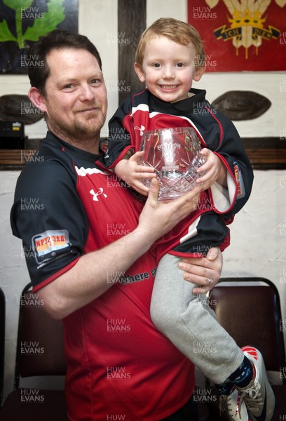 260413 - Trefile RFC - League Presentation - SWALEC League East 6 - Trefil RFC celebrate winning the Swalec League 6 East Pictured is Dai Kearney with his son William 