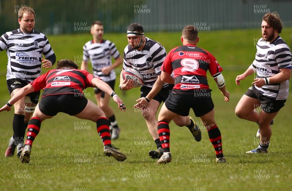 150417 - Treorchy RFC v Dowlais RFC - WRU  Division 1 East Central - Rhys Gillard of Treorchy takes on Tarn Ayling of Dowlais  