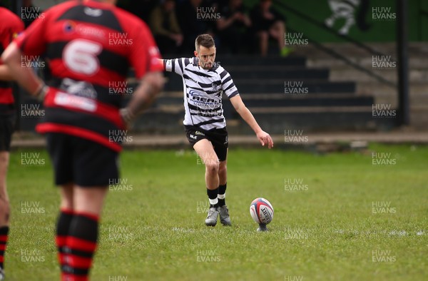 150417 - Treorchy RFC v Dowlais RFC - WRU  Division 1 East Central - Jordan Lloyd of Treorchy kicks a goal  