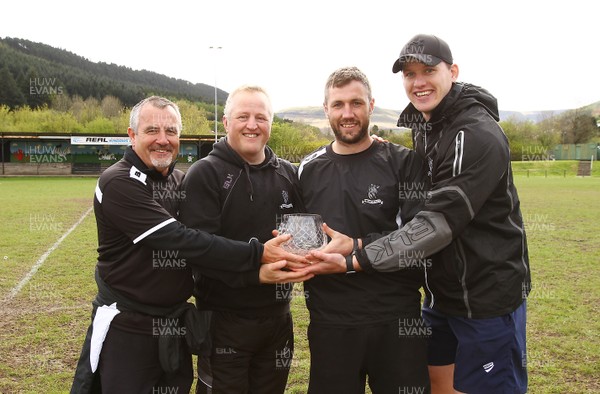 150417 - Treorchy RFC v Dowlais RFC - WRU  Division 1 East Central - Coaching staff of Treorchy Gareth Wilcox(L), Kevin James Andrew Bishop and Ian Evans celebrate winning the league