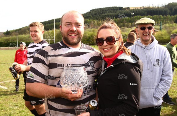 150417 - Treorchy RFC v Dowlais RFC - WRU  Division 1 East Central - Robert Jones of Treorchy and partner Briny Edwards celebrate winning the league