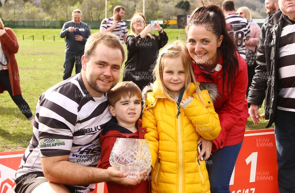 150417 - Treorchy RFC v Dowlais RFC - WRU  Division 1 East Central - Celyn Ashton of Treorchy  celebrates with his family winning the league