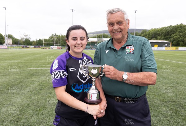 310526 - Treorchy Women win Worthington’s Mid District Trophy Final - Captain Maisey Fry  is presented with the Mid District Trophy by Ray Wilton