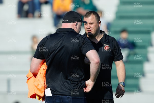070418 - Benetton Treviso v Dragons - Guinness PRO14 -  Defence coach Hendre Marnitz and Head Coach Bernard Jackman of Dragons during the warm up  
