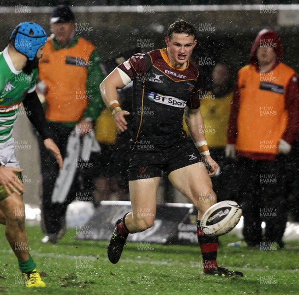 190216 - Treviso v Dragons - Guinness Pro 12 -Dragons' Hallan Amos chases his own kick