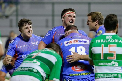 011016 - Benetton Treviso v Scarlets - Guinness Pro12 -Scarlets' players celebrate Werner Kruger's try