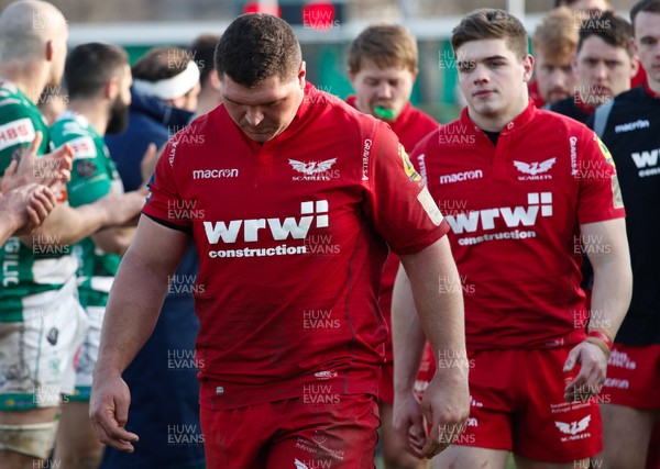 110218 - Benetton Treviso v Scarlets - Guinness Pro14 - Round 14 - Werner Kruger and Corey Baldwin look dejected following the match
