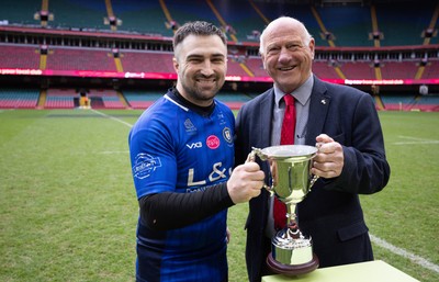 190426 - Tumble v New Dock Stars, Mens Division 3 Cup Final - New Dock Stars Captain Jordan Williams receives the trophy from WRU President Terry Cobner