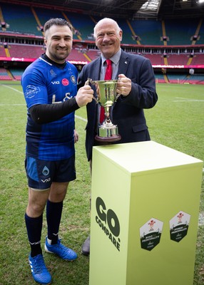 190426 - Tumble v New Dock Stars, Mens Division 3 Cup Final - New Dock Stars Captain Jordan Williams receives the trophy from WRU President Terry Cobner